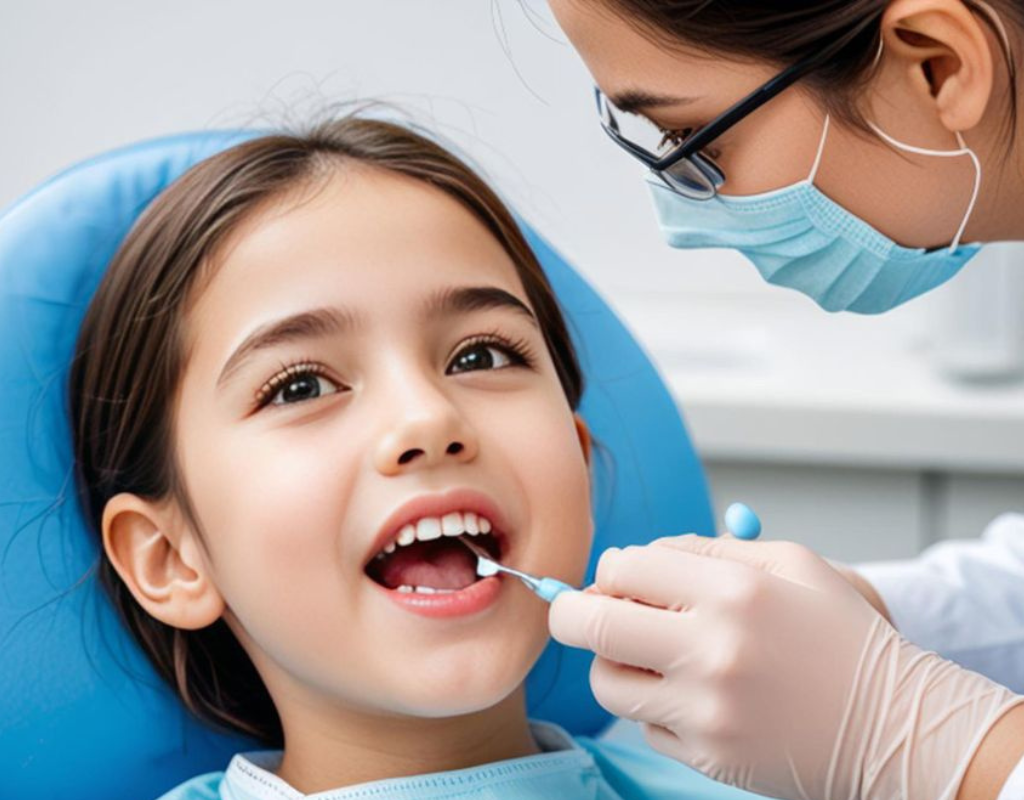 Young girl receiving a dental examination from a dentist wearing gloves and a mask.
