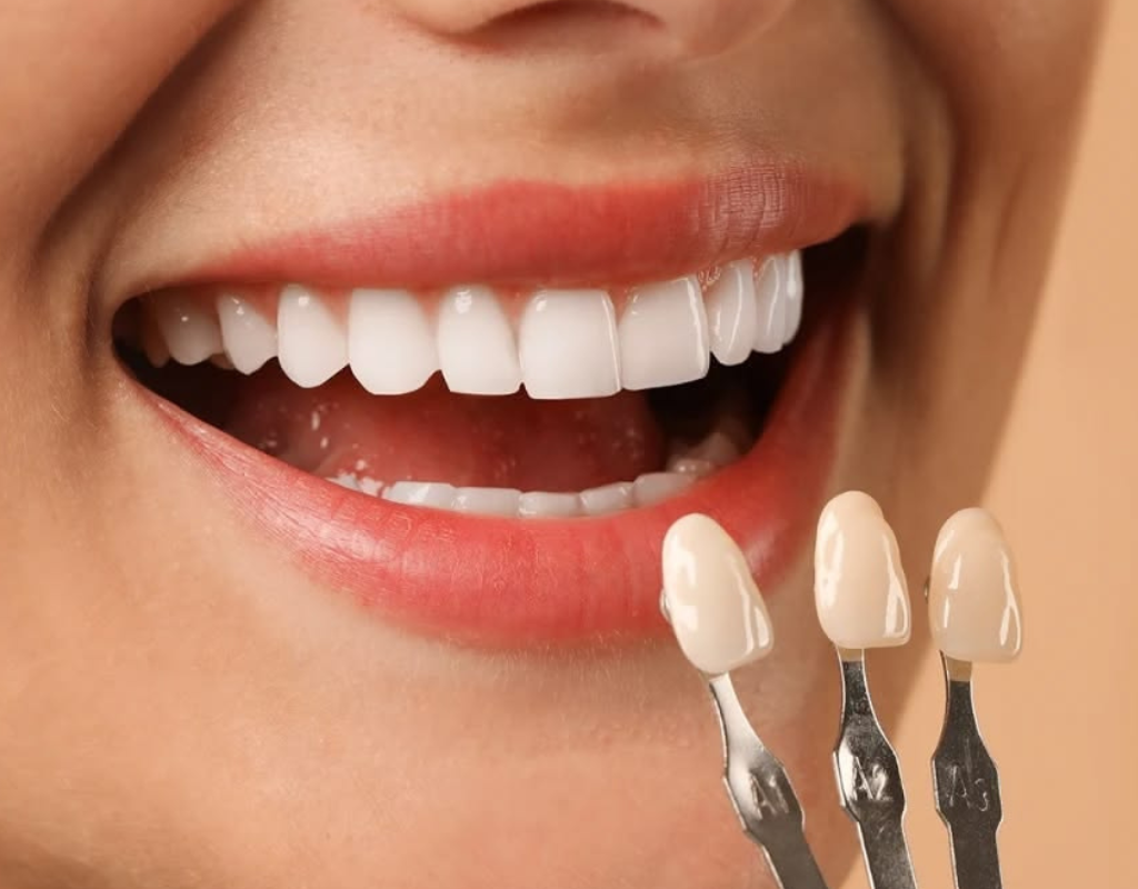 Close-up of a patient smiling while dentist compares teeth with shade guide for veneers.