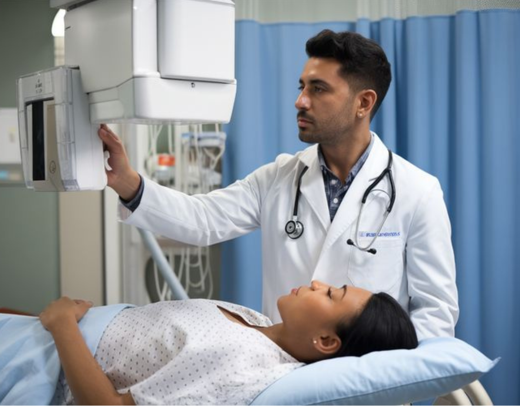 Male doctor preparing to take an X-ray of a patient lying on a table.