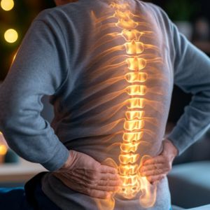 Person holding their lower back with a highlighted spine illustration.