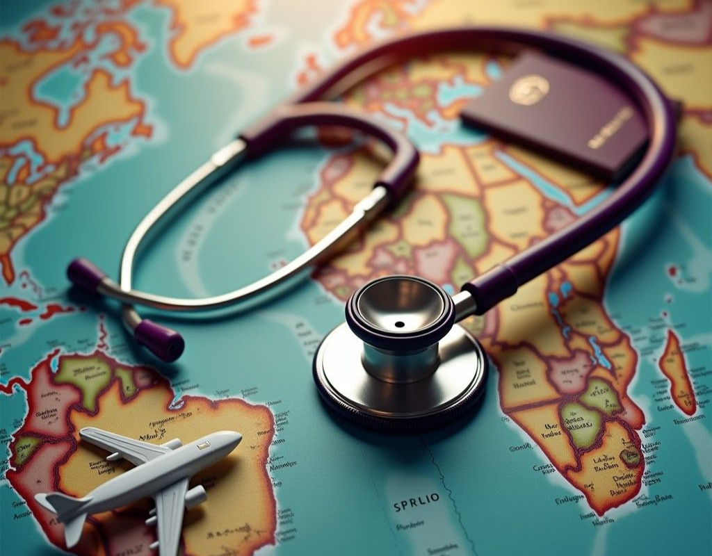 Stethoscope and passport placed on a world map, symbolizing travel medicine.