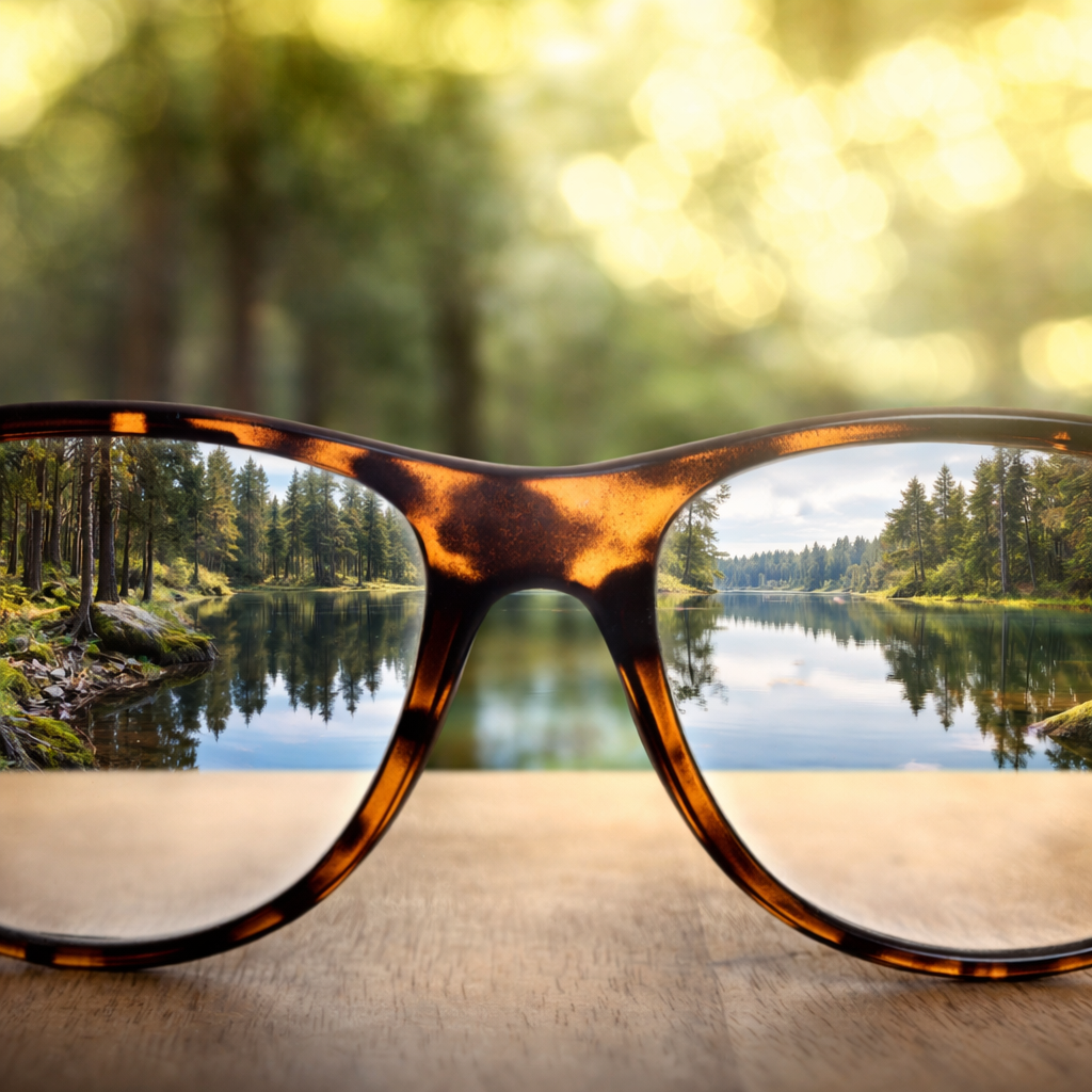 "A pair of tortoise-shell glasses sitting on a wooden surface, showing a clear, sharp reflection of a serene lake and forest landscape through the lenses, while the surrounding area remains softly blurred