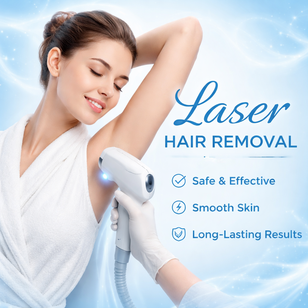 Laser Hair removal. A smiling woman receives a professional laser hair removal treatment on the underarm area at a clinic, highlighting safe and effective long-lasting results for smooth skin.