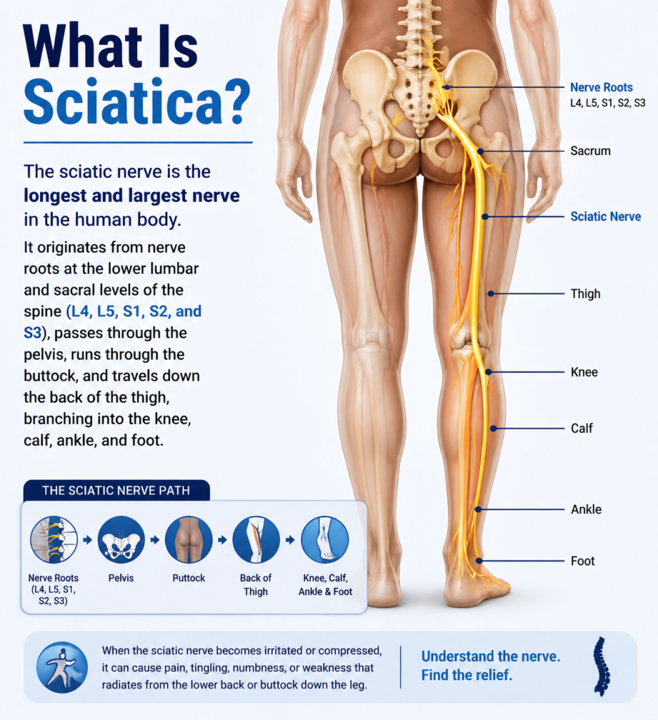 overlay of the glowing sciatic nerve running down back and leg.