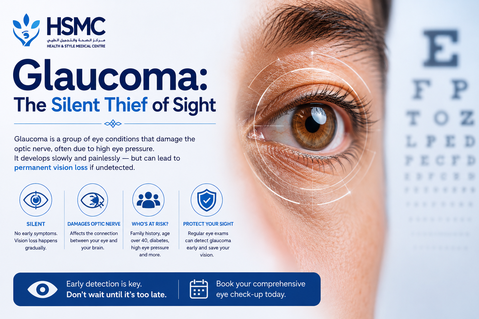 Close-up of a human eye with glaucoma awareness graphics and vision testing chart, highlighting the importance of early glaucoma detection and eye health screening.