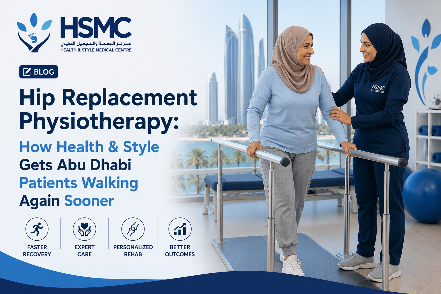 Female physiotherapist at Health & Style Medical Centre assisting a hip replacement patient with gait training using parallel bars during post-surgical rehabilitation in Abu Dhabi.