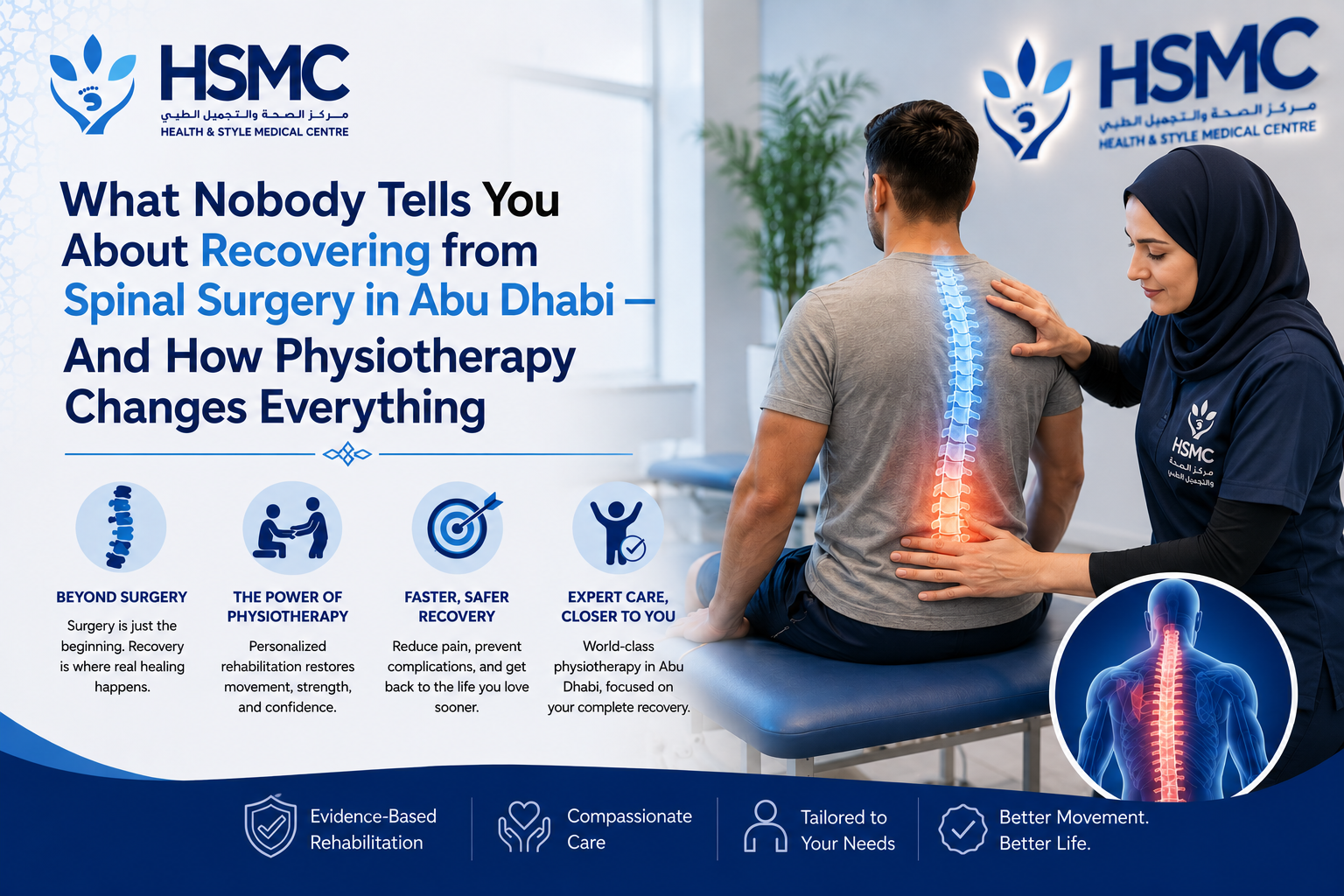 physiotherapist at Health & Style Medical Centre assisting a patient during spinal surgery rehabilitation in Abu Dhabi, highlighting recovery, mobility restoration, and physiotherapy support.