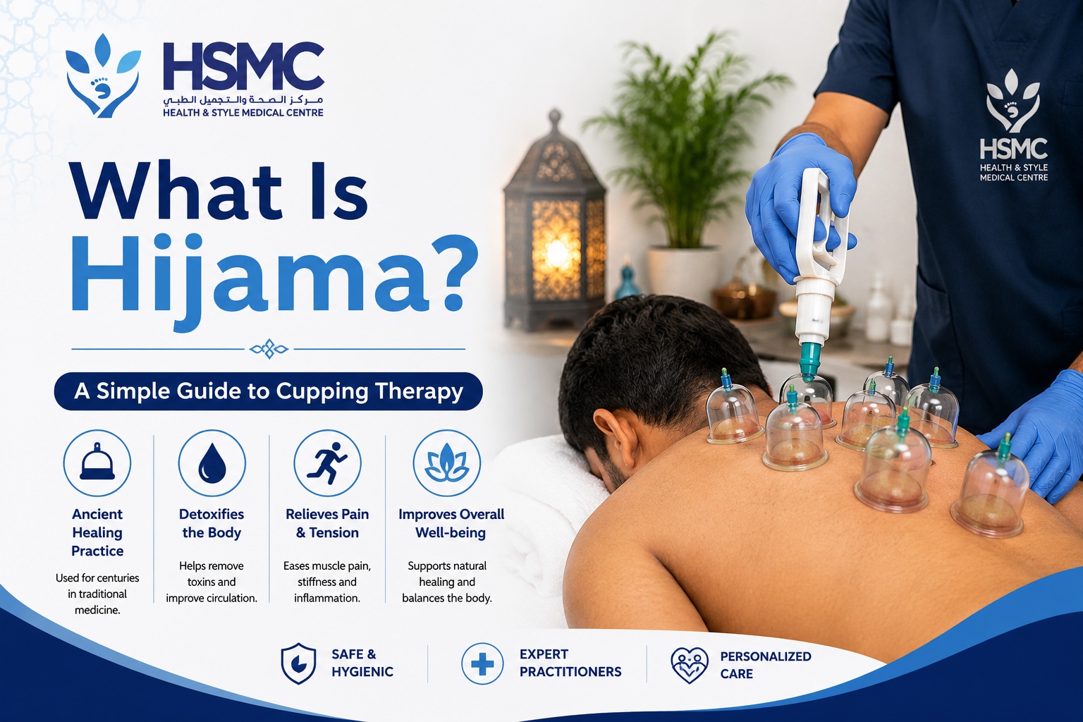 Professional hijama (cupping therapy) session at Health & Style Medical Centre, showing therapeutic cups applied to a patient's back as part of a holistic wellness treatment.